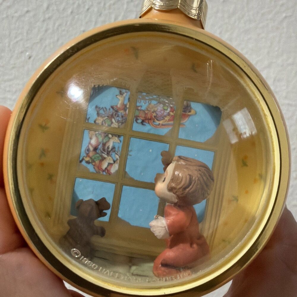 VTG 1980 Hallmark "A Christmas Vigil" Peek Through Boy Dog Santa Ornament